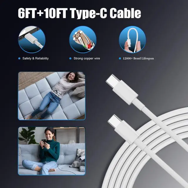 Alt view image 6 of 7 - 25W for iPhone 16 15 Charger Fast Charging 4 Pack USB C Wall Charger Block with (6 ft+10 ft) x2 Long USB C to C Cable for iPhone 16/15 Pro Max/Plus for iPad Pro/Mini White