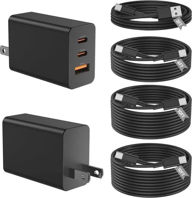 Main image of 2 Pack 65W USB C Super Fast Charger 3 Port 100W PD 3.0 Typc-C Charging Block with with 3/6/10/10FT USB C Cable for Galaxy S26 /S25/S24 MacBook iPhone 17/16/15 Pro Max iPad Android and More