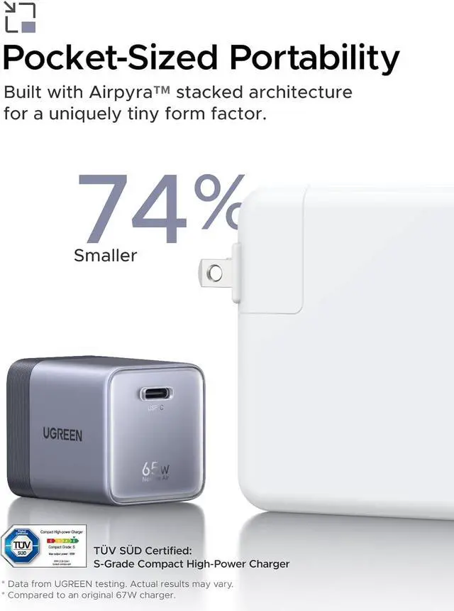 Alt view image 2 of 7 - Nexode Air 65W USB C Charger Foldable Mini Charger Block Fast Charging with USB C Cable GaN Charger for MacBook Air/Neo/Pro iPhone 17 16 Galaxy S26/S25 iPad Grey
