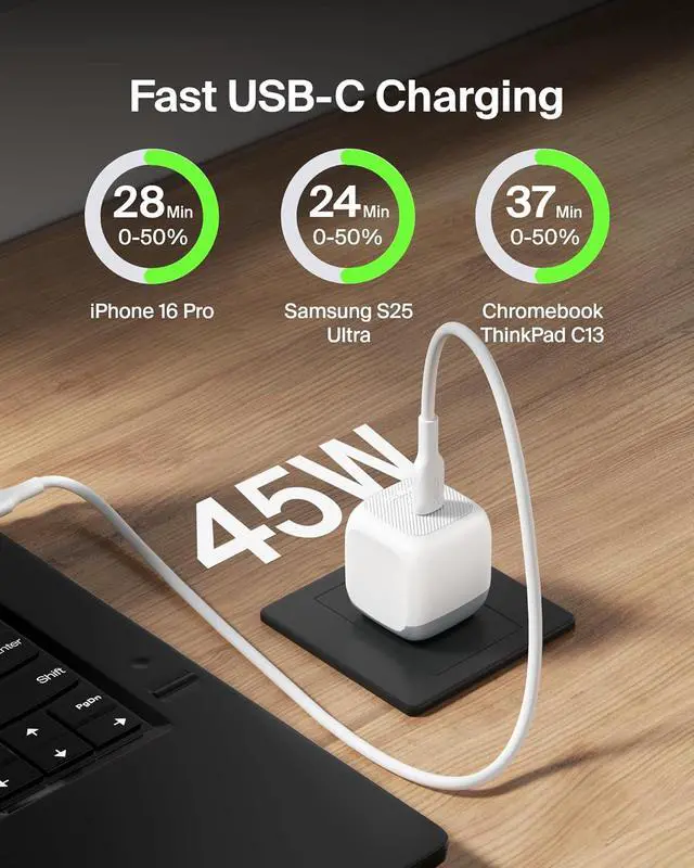 Alt view image 2 of 7 - Compact Wall Charger 45W USB-C PD Fast Charging USB-C Cable Included iPhone 17 16 Series Galaxy S26 S25 Series Pixel 10 MacBook iPad AirPods & More - White (2-Pack)