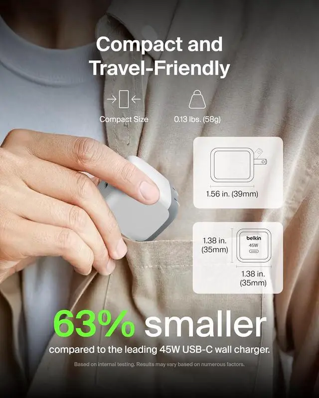 Alt view image 3 of 7 - Compact Wall Charger 45W USB-C PD Fast Charging USB-C Cable Included iPhone 17 16 Series Galaxy S26 S25 Series Pixel 10 MacBook iPad AirPods & More - White (2-Pack)