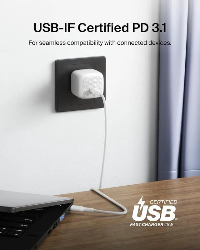 Alt view image 5 of 7 - Compact Wall Charger 45W USB-C PD Fast Charging USB-C Cable Included iPhone 17 16 Series Galaxy S26 S25 Series Pixel 10 MacBook iPad AirPods & More - White (2-Pack)