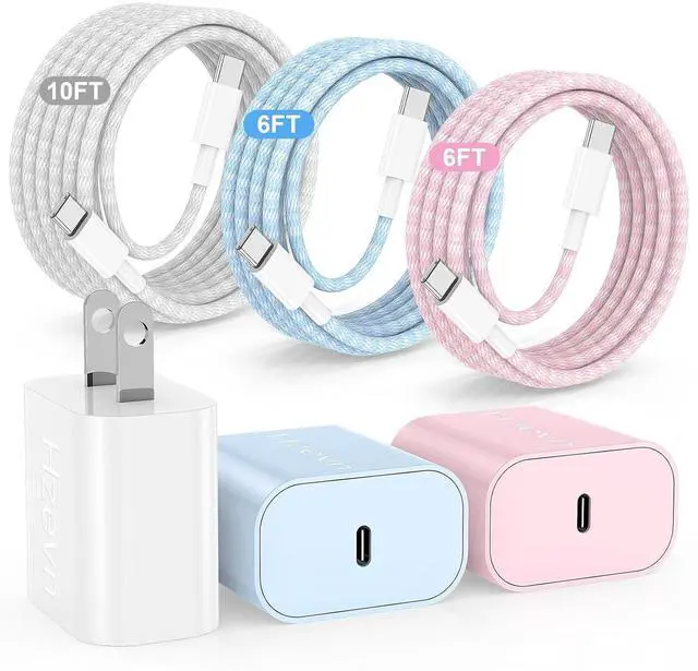 Main image of 20W USB C Fast Charging for iPhone 17 Air/16/15 Pro Max 3Pack Colorful Mixed Charger Block with Braided Long USB C to C Cables (6/6/10ft) Compatible with iPhone16/15 Pro/15 Plus/iPad Pro