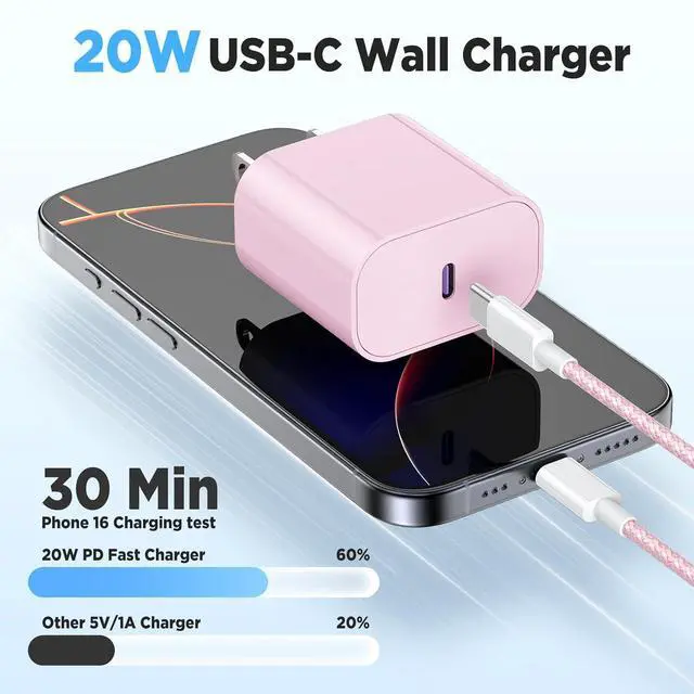 Alt view image 2 of 7 - 20W USB C Fast Charging for iPhone 17 Air/16/15 Pro Max 3Pack Colorful Mixed Charger Block with Braided Long USB C to C Cables (6/6/10ft) Compatible with iPhone16/15 Pro/15 Plus/iPad Pro