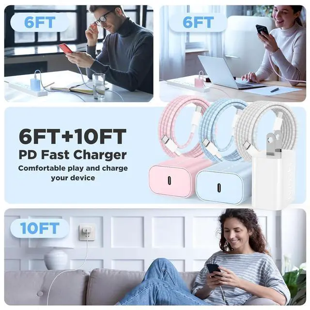 Alt view image 6 of 7 - 20W USB C Fast Charging for iPhone 17 Air/16/15 Pro Max 3Pack Colorful Mixed Charger Block with Braided Long USB C to C Cables (6/6/10ft) Compatible with iPhone16/15 Pro/15 Plus/iPad Pro