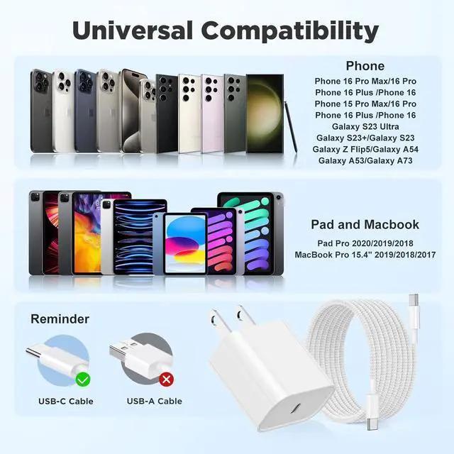 Alt view image 7 of 7 - 20W USB C Fast Charging for iPhone 17 Air/16/15 Pro Max 3Pack Colorful Mixed Charger Block with Braided Long USB C to C Cables (6/6/10ft) Compatible with iPhone16/15 Pro/15 Plus/iPad Pro