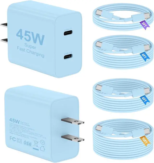 Main image of 45W iPhone 17 16 15 Charger Fast Charging 2Pack Dual Port USB C Charger Block with Long 60W 3/6/6/10FT USB C to C Cable PD 3.0 Wall Charger Plug for iPhone 17/16/15 Pro Max/iPad Pro Blue