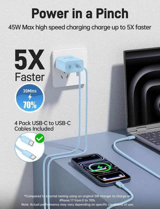 Alt view image 3 of 7 - Super Fast Charger Type C 2Pack 45W Dual Port USB C Fast Charger Block with Long 60W 3/6/10/10FT USB C to C Cable for Galaxy S25/S25 Ultra/S25+/S26/S24 Ultra /S24+/S23/iPhone 17- Blue