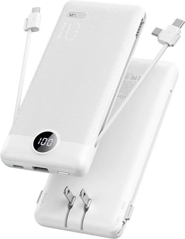 Main image of Portable Charger Power Bank Built-in Cables and AC Wall Plug | USB C Power Bank 10000mAh Travel Essentials Phone Charger Compact External Battery Pack For Smart Phones Tablets etc-White