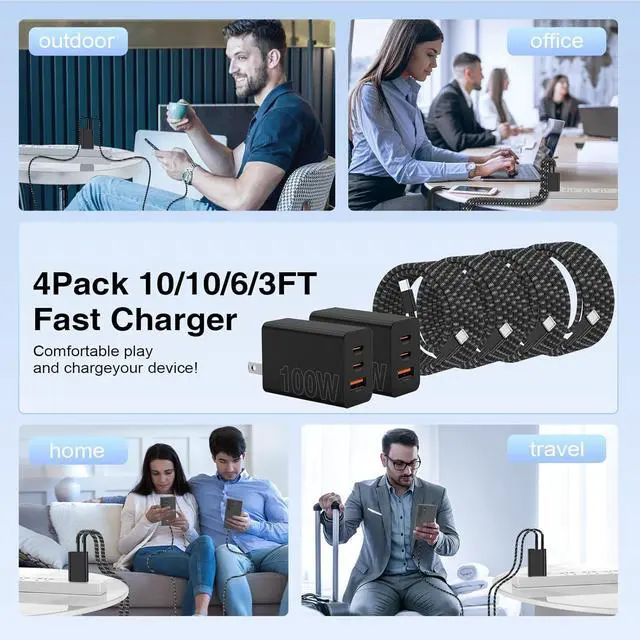Alt view image 6 of 7 - 65W Super Fast Charger Type C for 3 Port 100W PD Quick Charging 3.0 USB C Block & 3/6/10/10FT Braided Type C Cord for Galaxy S26 Ultra/S26/S25 Ultra/iPhone 17 Pro/MacBook Pro/Air