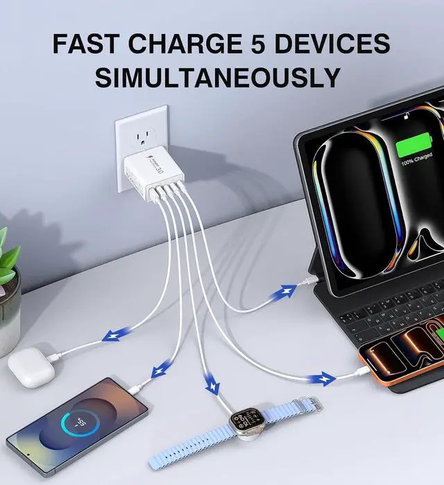Alt view image 2 of 7 - 2Pack USB C Fast Charger Block 60W 5-Port USB Wall Charger Brick 2 USB A & 3 USB C PD3.0 Power Adapter Multiport Type C Charging Plug for iPhone 17/16/15/14 Pad Mini/Pro AirPods 4 GalaxyS25(White)