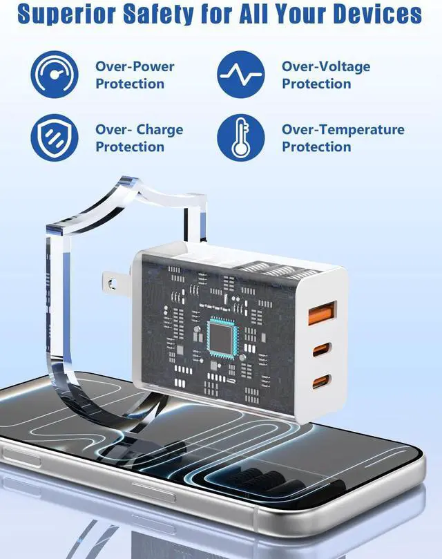Alt view image 3 of 7 - 65W C Wall Charger Block for iPhone 17/16/15 Pro Max 3port 100W USB C Fast Wall Charger Adapter Plug and 4Pack 6/6/10/10FT Long USBC Quick Charge Cable Cord for iPhone/ipad/MacBook Pro/Air