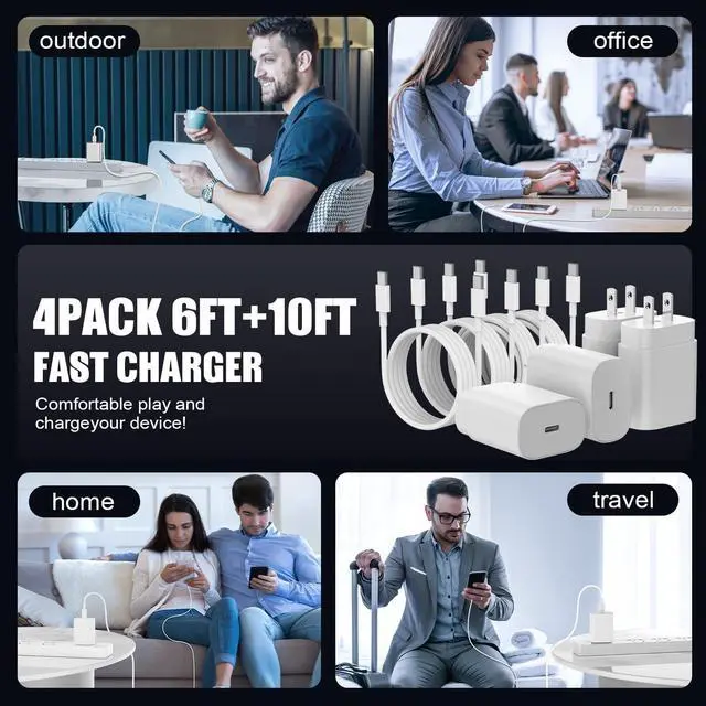 Alt view image 7 of 7 - 25W for iPhone 16 15 Charger Fast Charging 4 Pack USB C Wall Charger Block with (6 ft+10 ft) x2 Long USB C to C Cable for iPhone 16/15 Pro Max/Plus for iPad Pro/Mini White