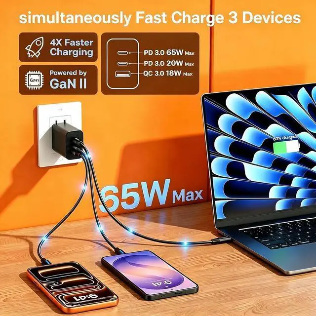 Alt view image 2 of 7 - 2 Pack 65W USB C Super Fast Charger 3 Port 100W PD 3.0 Typc-C Charging Block with with 3/6/10/10FT USB C Cable for Galaxy S26 /S25/S24 MacBook iPhone 17/16/15 Pro Max iPad Android and More