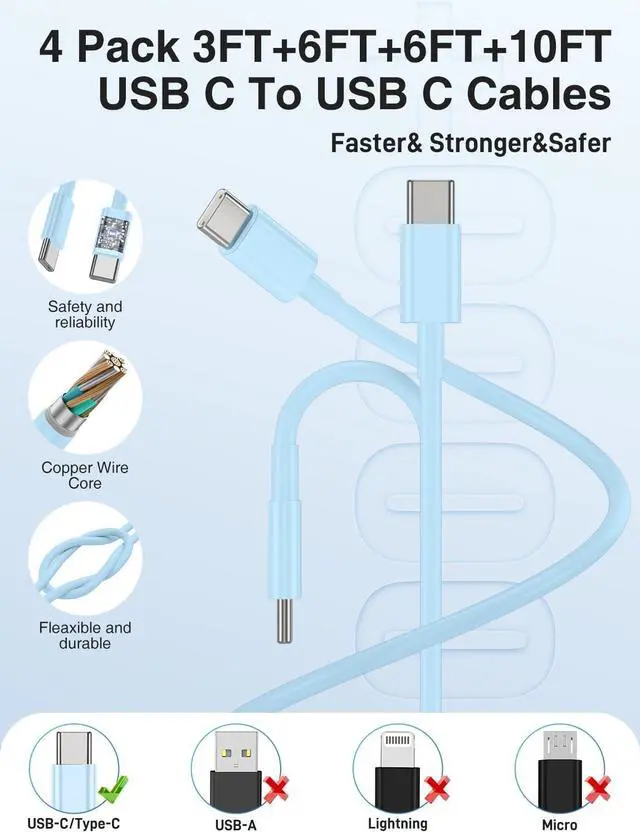 Alt view image 6 of 7 - 45W iPhone 17 16 15 Charger Fast Charging 2Pack Dual Port USB C Charger Block with Long 60W 3/6/6/10FT USB C to C Cable PD 3.0 Wall Charger Plug for iPhone 17/16/15 Pro Max/iPad Pro Blue