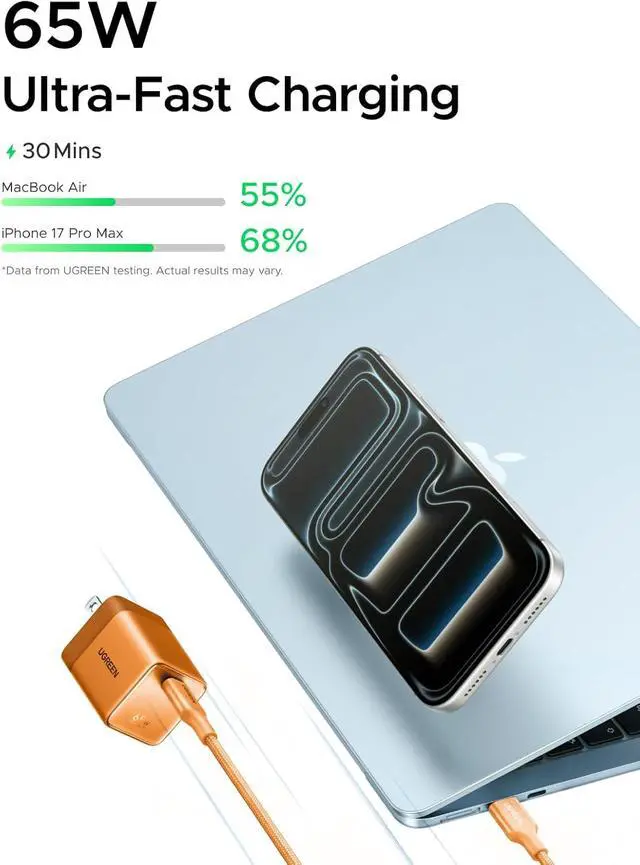Alt view image 3 of 7 - Nexode Air 65W USB C Charger Foldable Mini Charger Block Fast Charging with USB C Cable GaN Charger for MacBook Air/Neo/Pro iPhone 17 16 Galaxy S26/S25 iPad Orange