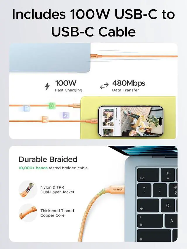 Alt view image 4 of 7 - Nexode Air 65W USB C Charger Foldable Mini Charger Block Fast Charging with USB C Cable GaN Charger for MacBook Air/Neo/Pro iPhone 17 16 Galaxy S26/S25 iPad Orange