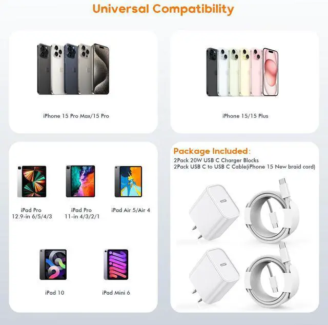 Alt view image 6 of 7 - Charger for iPhone 17/16/15 Charger Fast Charging iPhone 17/16/15 2Pack Type C Wall Adapter USB C Chargers Block 6FT USB-C to C Woven Cable for iPhone 17 ProMax/Air/16 Plus/15 iPad Pro/Air/Mini