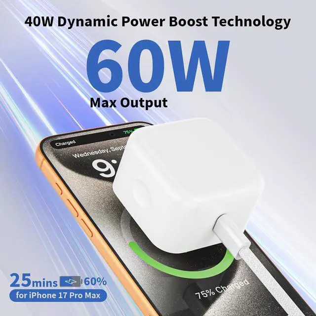 Alt view image 2 of 7 - 2 Pack Fast Charger iPhone 17/16/15 40W USB C Dynamic Adapter with 60W Max 10FT Type C-C Fast Charging Woven Cable 40W Wall Charger for iPhone 17 Pro/17 Air/16e/16/15Plus iPad Pro/Air/Mini