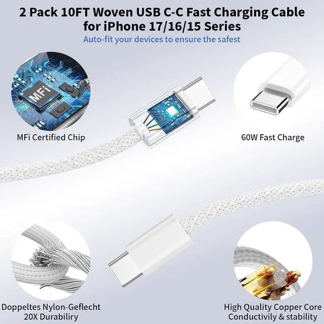 Alt view image 3 of 7 - 2 Pack Fast Charger iPhone 17/16/15 40W USB C Dynamic Adapter with 60W Max 10FT Type C-C Fast Charging Woven Cable 40W Wall Charger for iPhone 17 Pro/17 Air/16e/16/15Plus iPad Pro/Air/Mini
