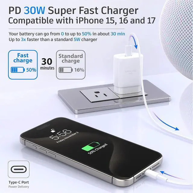Alt view image 4 of 7 - USB C Charger Block 30W PD Super Fast Charging Block Type C Plug Cube Wall Adapter Power Brick USB C Block for iPhone 17 17 Air 17 Pro Max 16 16e 15 14 13 12 11 iPad mini Galaxy S26/S25/S24
