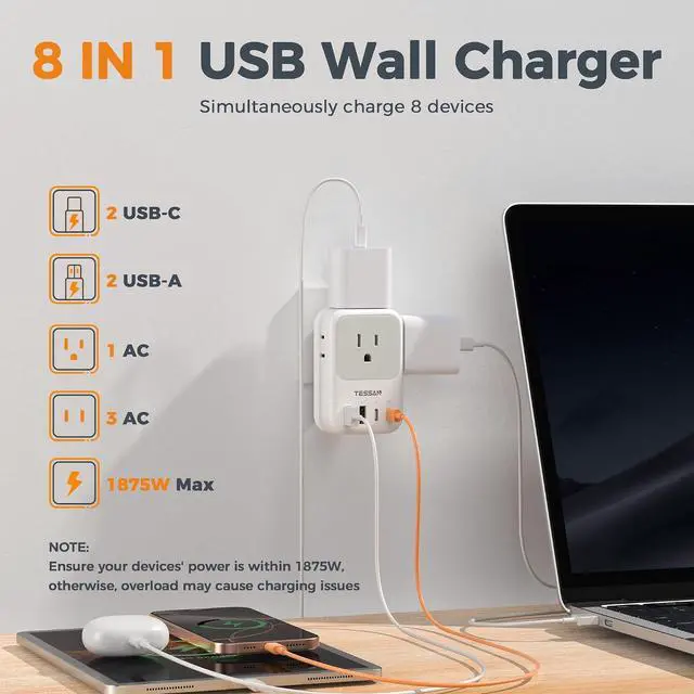 Alt view image 4 of 7 - USB C Charger Block 20W PD Fast Charging Adapter with Foldable Plug 1875W Power Outlet Extender(4 AC and 4 USB) for Cruise Home Office Dorm Room Essentials Grey