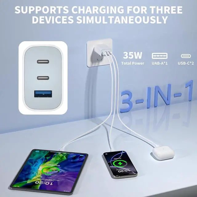 Alt view image 2 of 7 - iPhone 17 16 15 Pro Charge Fast Charging 2 Pack 35W 3-Port USB C Charger Block & 10 Feet Fast Charging USB C Cable Cord iPhone 17 Pro Max Charger Compatible with 17/16/15/e/Plus/ProMax/iPad Pro