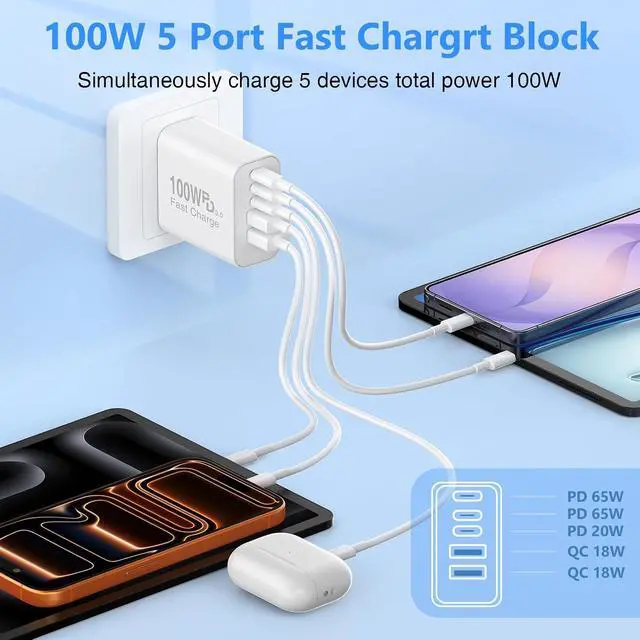 Alt view image 3 of 7 - USB C Wall Fast Charger Block 100W 5-Port Type C Fast Charging Block 3 Pack-PD Power Charger Adapter QC 3.0 USB Multiport Charger Brick for iPhone 17 16 Series MacBook/Air iPad etc.