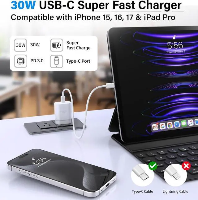 Alt view image 7 of 7 - USB C Charger Block 30W PD Super Fast Charging Block Type C Plug Cube Wall Adapter Power Brick USB C Block for iPhone 17 17 Air 17 Pro Max 16 16e 15 14 13 12 11 iPad mini Galaxy S26/S25/S24