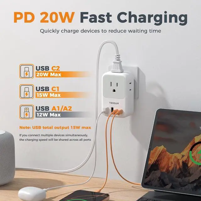 Alt view image 2 of 7 - USB C Charger Block 20W PD Fast Charging Adapter with Foldable Plug 1875W Power Outlet Extender(4 AC and 4 USB) for Cruise Home Office Dorm Room Essentials Grey