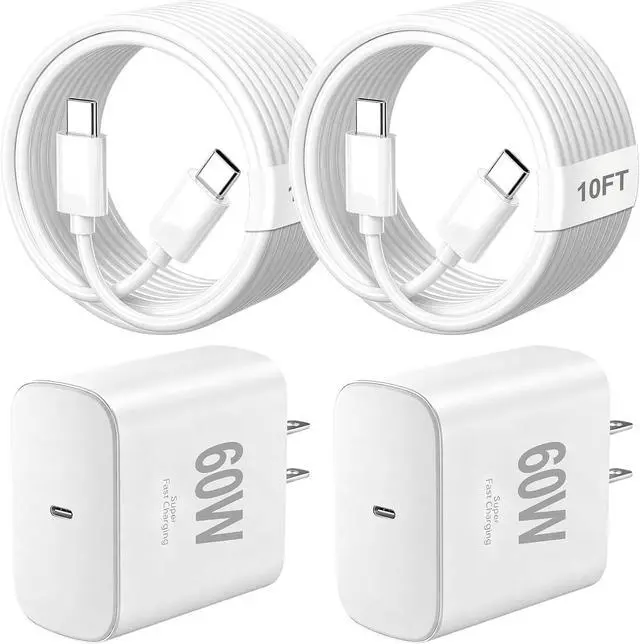 Main image of 60W Super Fast USB C Charger for 2Pack TypeC Android Phone PD Wall Charger Block 10FT Chargers Fast Charging USB-C Cord Compatible with Galaxy S26 Ultra/S26+/S26/S25 Ultra/S25+/S25/S24/S23/S22