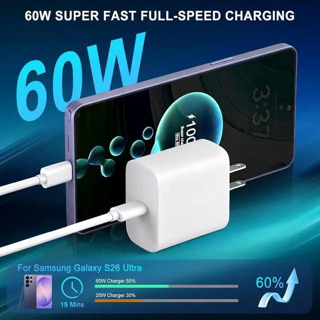 Alt view image 2 of 7 - 60W Super Fast USB C Charger for 2Pack TypeC Android Phone PD Wall Charger Block 10FT Chargers Fast Charging USB-C Cord Compatible with Galaxy S26 Ultra/S26+/S26/S25 Ultra/S25+/S25/S24/S23/S22