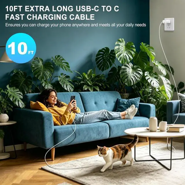 Alt view image 6 of 7 - 60W Super Fast USB C Charger for 2Pack TypeC Android Phone PD Wall Charger Block 10FT Chargers Fast Charging USB-C Cord Compatible with Galaxy S26 Ultra/S26+/S26/S25 Ultra/S25+/S25/S24/S23/S22
