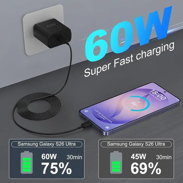 Alt view image 3 of 7 - Super Fast Charger Type C 60W USB C Fast Charger Block with 10FT Extra Long Type-C Charging Cord-Super Fast Charging 3.0 for Galaxy S26 Ultra/S26/S26+/S25 /S24/S23 Ultra/iPhone 17/16/15