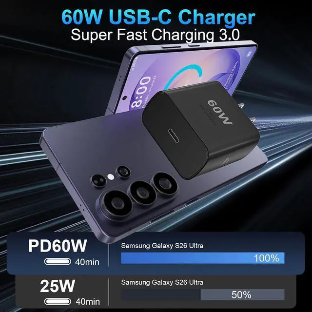 Alt view image 2 of 7 - Super Fast Charger Type C 60W USB C Fast Charger Block with 10FT Extra Long Type-C Charging Cord-Super Fast Charging 3.0 for Galaxy S26 Ultra/S26/S26+/S25 /S24/S23 Ultra/iPhone 17/16/15