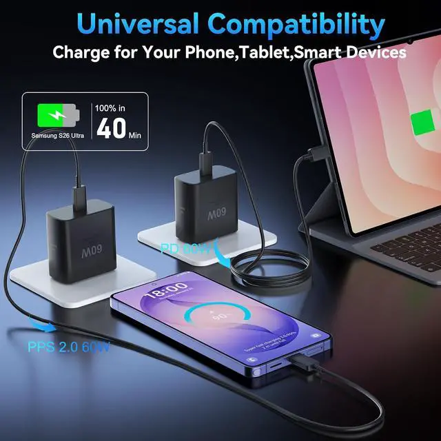 Alt view image 4 of 7 - Super Fast Charger Type C 60W USB C Fast Charger Block with 10FT Extra Long Type-C Charging Cord-Super Fast Charging 3.0 for Galaxy S26 Ultra/S26/S26+/S25 /S24/S23 Ultra/iPhone 17/16/15