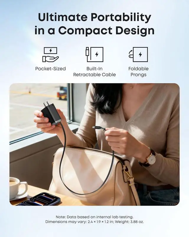 Alt view image 3 of 6 - Nano USB C Charger Block 35W Max 2-Port Compact Charger with Durable Built-in InstaCord Retractable Cable with iPhone 17/16/15 Series iPad and More(Black Non-Battery)