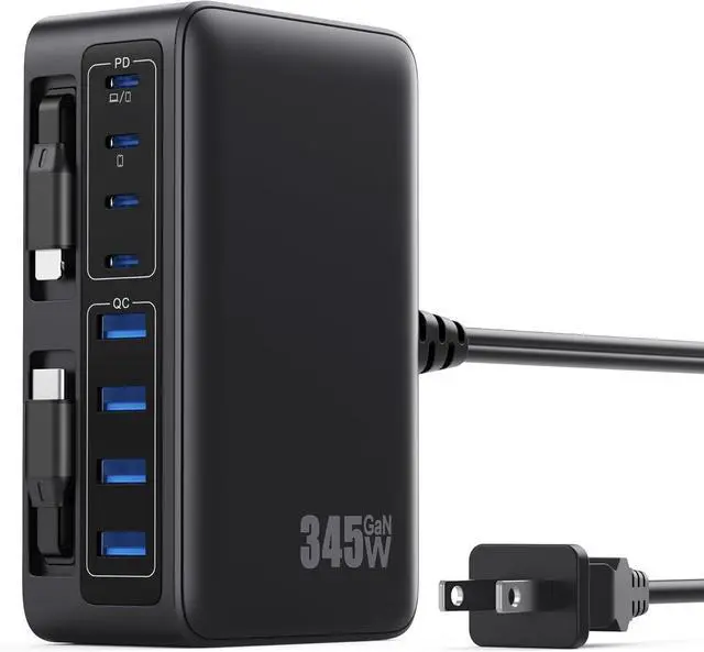 Main image of 345W USB C Charger 10 in 1 Retractable Wall Charger with 2 Cables GaN 6 USB C Charging Station Phone Charging PD Laptop Charger Adapter for MacBook Pro/Air iPhone17/16/15 Galaxy S24 Android etc