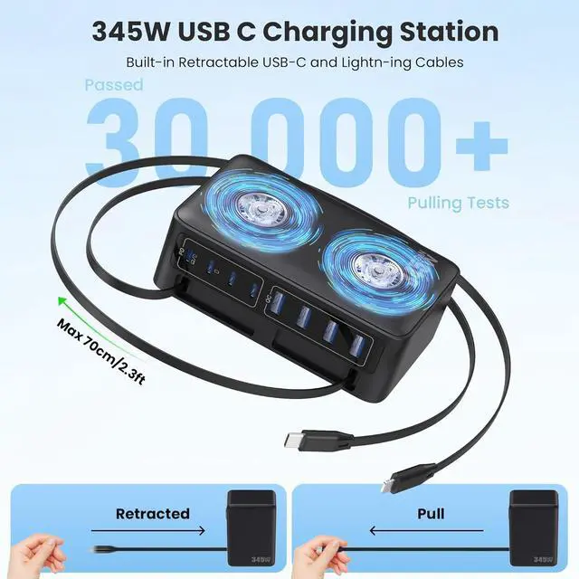 Alt view image 2 of 7 - 345W USB C Charger 10 in 1 Retractable Wall Charger with 2 Cables GaN 6 USB C Charging Station Phone Charging PD Laptop Charger Adapter for MacBook Pro/Air iPhone17/16/15 Galaxy S24 Android etc