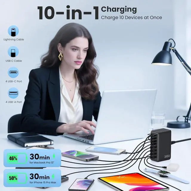 Alt view image 3 of 7 - 345W USB C Charger 10 in 1 Retractable Wall Charger with 2 Cables GaN 6 USB C Charging Station Phone Charging PD Laptop Charger Adapter for MacBook Pro/Air iPhone17/16/15 Galaxy S24 Android etc