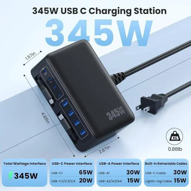 Alt view image 4 of 7 - 345W USB C Charger 10 in 1 Retractable Wall Charger with 2 Cables GaN 6 USB C Charging Station Phone Charging PD Laptop Charger Adapter for MacBook Pro/Air iPhone17/16/15 Galaxy S24 Android etc