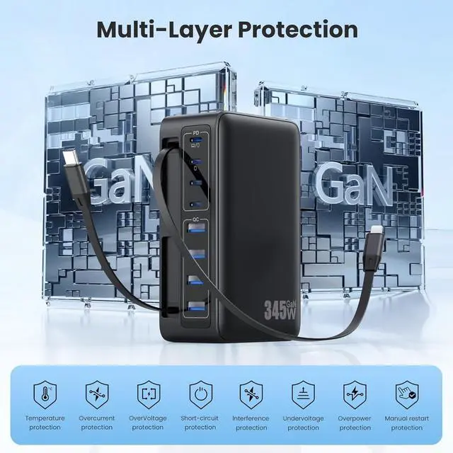 Alt view image 7 of 7 - 345W USB C Charger 10 in 1 Retractable Wall Charger with 2 Cables GaN 6 USB C Charging Station Phone Charging PD Laptop Charger Adapter for MacBook Pro/Air iPhone17/16/15 Galaxy S24 Android etc