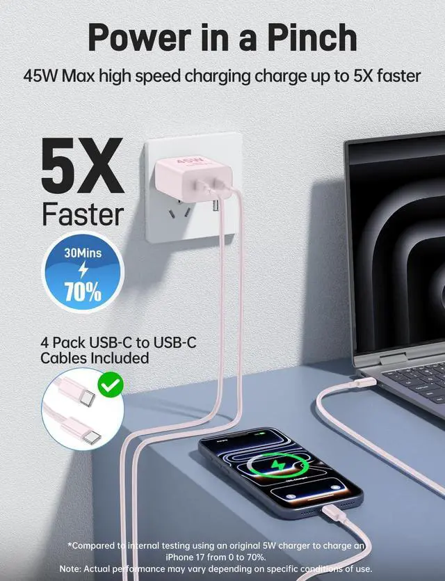 Alt view image 3 of 7 - 45W iPhone 17 16 15 Charger Fast Charging 2Pack Dual Port USB C Charger Block with Long 60W 3/6/6/10FT USB C to C Cable PD 3.0 Wall Charger Plug for iPhone 17/16/15 Pro Max/iPad Pro Pink