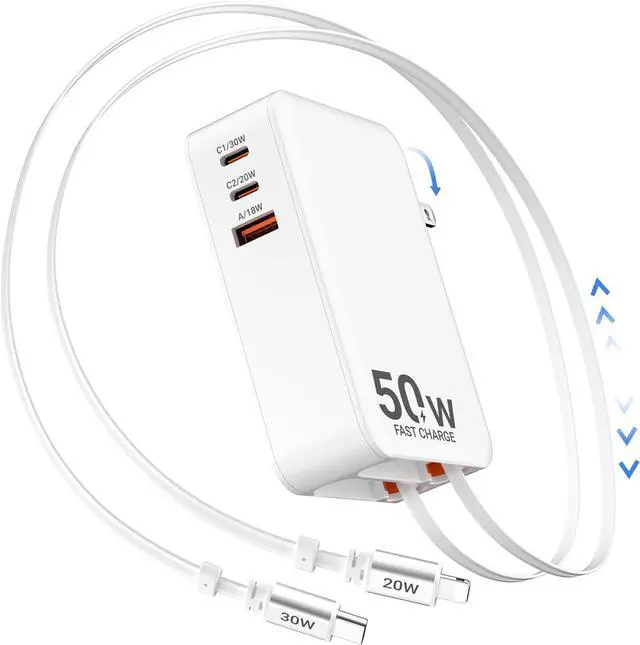 Main image of 5-in-1 Retractable Wall Charger with Dual Cables 50W Retractable Phone Charger with 3.3FT USB C & Lightening Cables 30W Fast Charging Block Wall Plug for iPhone 17 16 15 14 13 G-alaxy S26 S25 i Pad