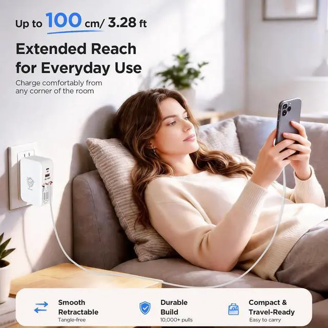 Alt view image 6 of 7 - 4-in-1 Retractable Wall Charger 35W Ultra-Compact Travel Charger | Built-in Dual 3.28ft Type-C & Older iPhone Charging Cables USB-A + USB-C Ports Foldable Plug for Travel