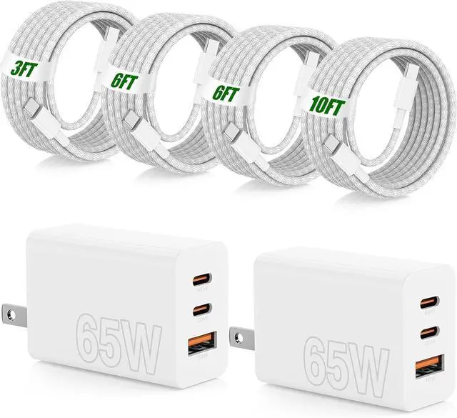 Main image of 65W iPhone 17 16 15 Pro Max Charger Fast Charging 3 Port 100W PD Quick Charging 3.0 USB C Block & 3/6/6/10FT Braided USB C Cord for iPhone 15 16 17 Pro for Galaxy S26 Ultra/MacBook Pro/Air