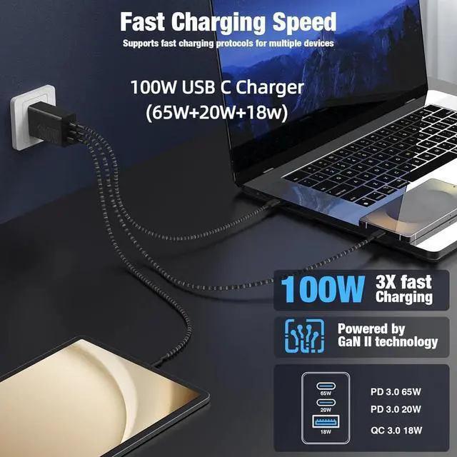Alt view image 3 of 7 - 65W iPhone 17 16 15 Pro Max Charger Fast Charging 3 Port 100W PD Quick Charging 3.0 USB C Block & 3/6/6/10FT Braided USB C Cord for iPhone 15 16 17 Pro for Galaxy S26 Ultra/MacBook Pro/Air