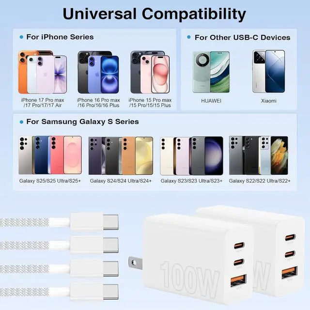 Alt view image 7 of 7 - 65W iPhone 17 16 15 Pro Max Charger Fast Charging 3 Port 100W PD Quick Charging 3.0 USB C Block & 3/6/6/10FT Braided USB C Cord for iPhone 15 16 17 Pro for Galaxy S26 Ultra/MacBook Pro/Air