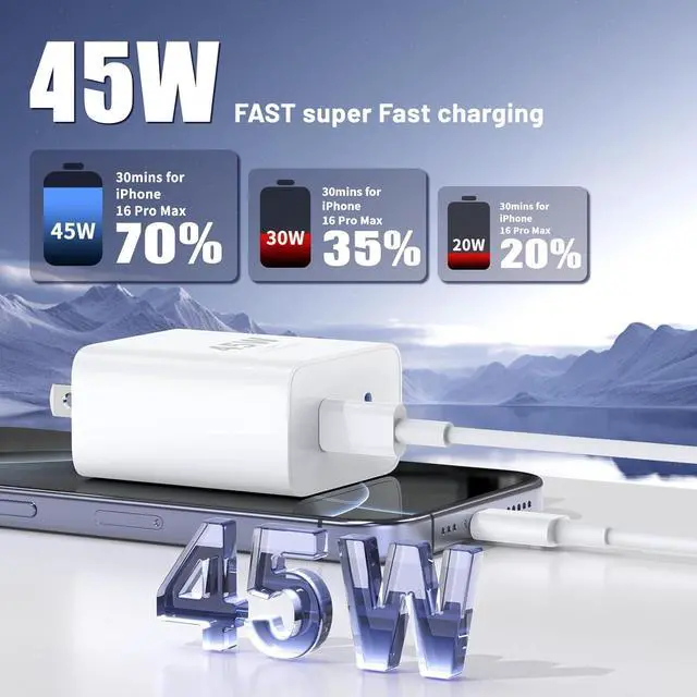 Alt view image 2 of 7 - 45W Fast Charger USB C for iPhone 17 16 15 Pro Max 3Pack 45W Dual Port Type C Super Fast iPhone Charger Block & 6/10/10FT USB C Cable for iPhone 17 Pro Max/16 Pro/15Plus for Galaxy S25 Ultra