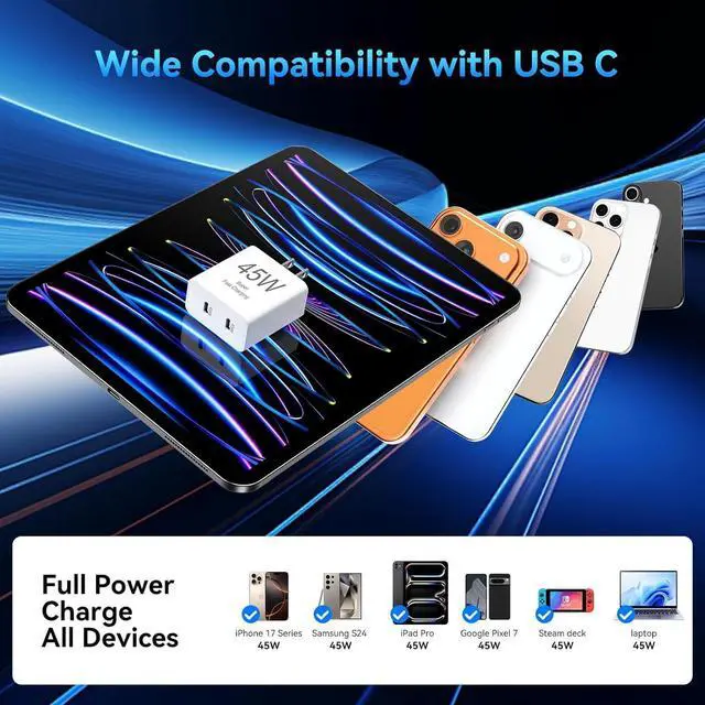 Alt view image 7 of 7 - 45W Fast Charger USB C for iPhone 17 16 15 Pro Max 3Pack 45W Dual Port Type C Super Fast iPhone Charger Block & 6/10/10FT USB C Cable for iPhone 17 Pro Max/16 Pro/15Plus for Galaxy S25 Ultra